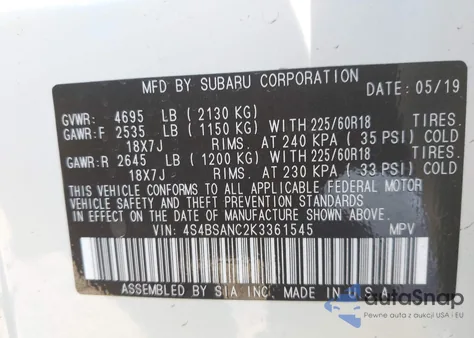 2019 Subaru Outback 2.5I Limited from USA, damaged, VIN 4S4BSANC2K3361545